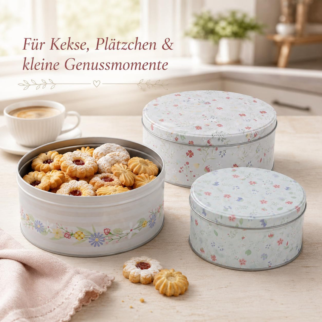 MIJOMA Keksdosen-Set – 3er-Set Metalldosen mit Deckel – Motiv Flowers | runde Dosen mit Motiv – stap