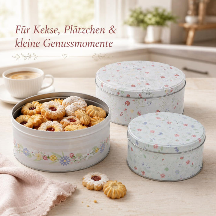 MIJOMA Keksdosen-Set – 3er-Set Metalldosen mit Deckel – Motiv Flowers | runde Dosen mit Motiv – stap