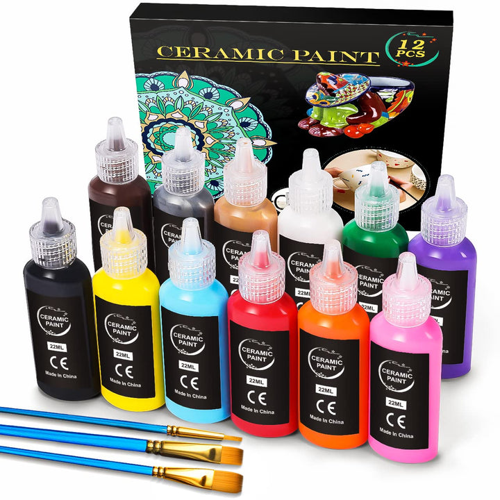 RATEL Porzellanfarbe Set, 12 x 22 ml Wasserdicht Keramikfarben + 3 Pinselstift, Ideale Keramikfarben