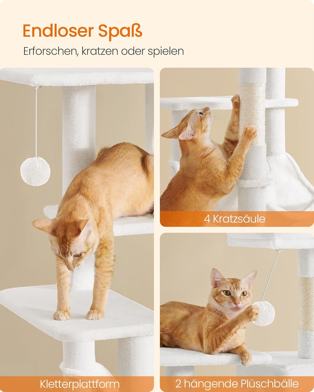 Feandrea Kratzbaum, 143 cm hoch, Katzenbaum, mehrstöckiges Katzenhaus, mit 4 Kratzsäulen, 2 Plattfor