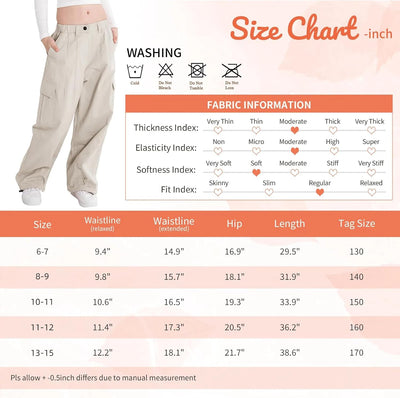 Rolanko Mädchen Cargohose, Baumwoll Baggy Hose mit Elastischer Taille und Mehreren Taschen für Kinde