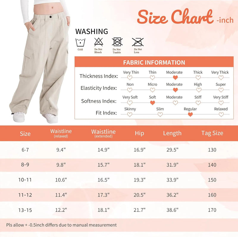 Rolanko Mädchen Cargohose, Baumwoll Baggy Hose mit Elastischer Taille und Mehreren Taschen für Kinde