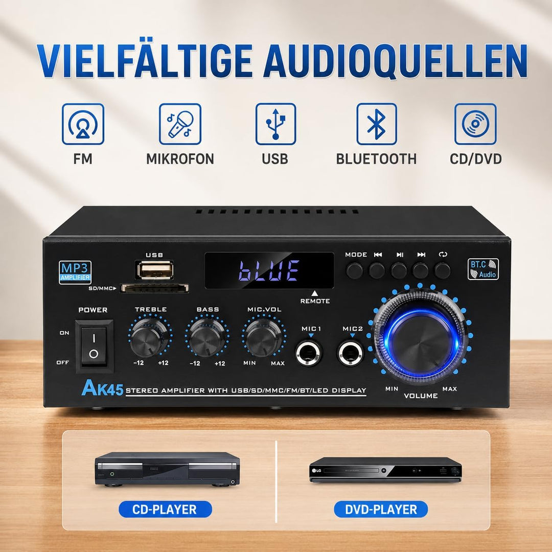 HiFi-Verstärker, Mini Bluetooth Stereo Audio Verstärker Receiver 12V/ 220V 600W 2 Kanäle Endverstärk