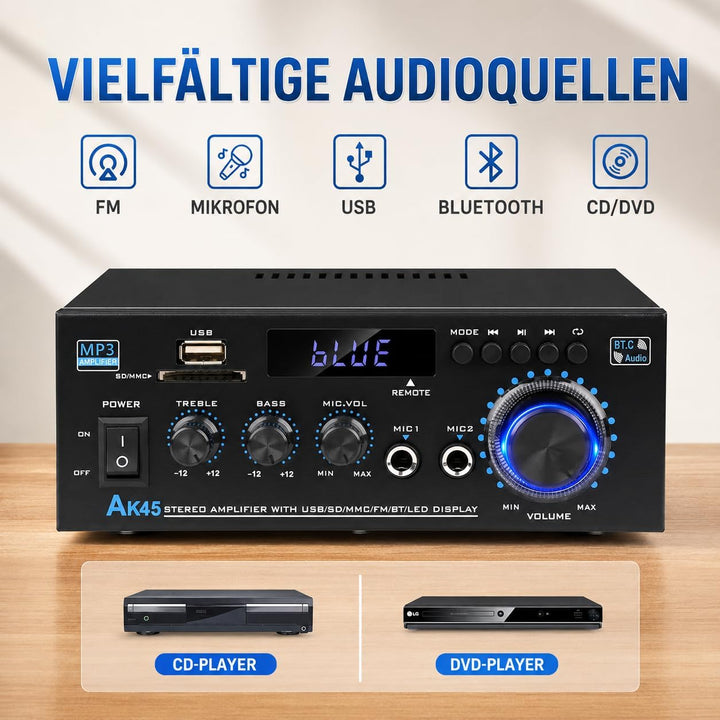 HiFi-Verstärker, Mini Bluetooth Stereo Audio Verstärker Receiver 12V/ 220V 600W 2 Kanäle Endverstärk