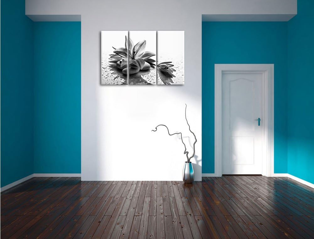 Pixxprint Monocrome, Düstere Lilie mit Zen Steinen 3-Teiler Leinwandbild 120x80 Bild auf Leinwand