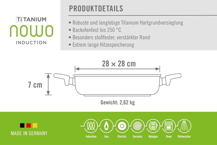 Woll Nowo Titanium Gusspfanne, viereckig, mit 2 Seitengriffen-Induktiv, 28 x 2 cm, 7 cm hoch-Geeigne