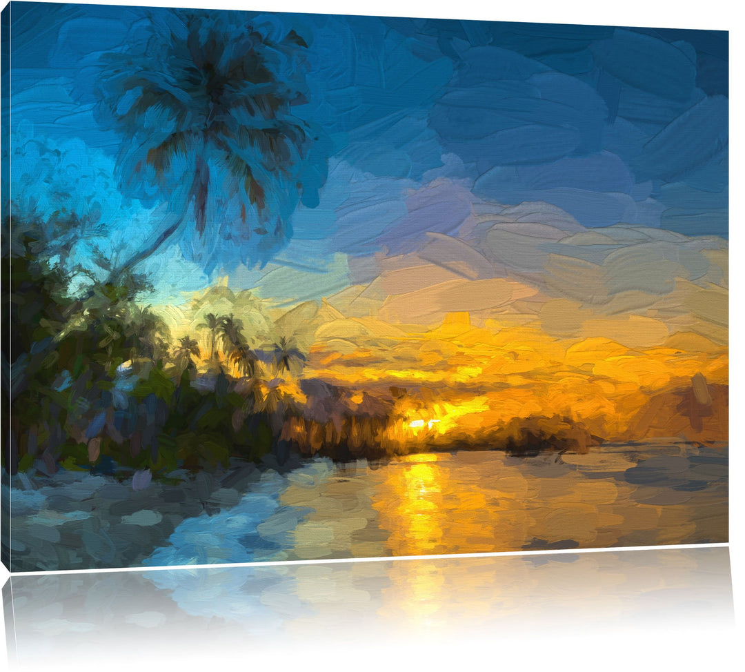 Pixxprint Palmen am Strand als Leinwandbild/Grösse: 100x70 cm/Wandbild/Kunstdruck/fertig bespannt, 1