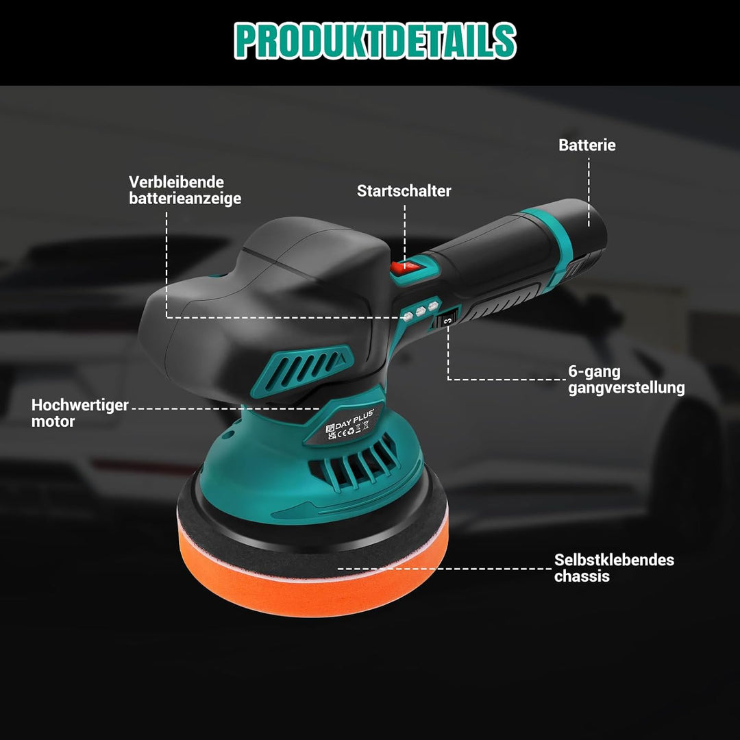 Akku Poliermaschine 12V 2x 2.0AH Akku, mit 24 Aufsätzen, 6 Drehzahlregulierung 2800-5000RPM, 125-150