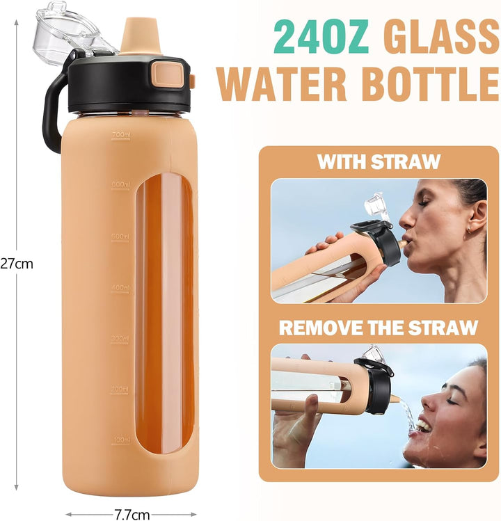 BLUEGO 700ml Trinkflasche Glas mit Strohhalm und Griff Auslaufsichere Wasserflasche mit Silikonhülle