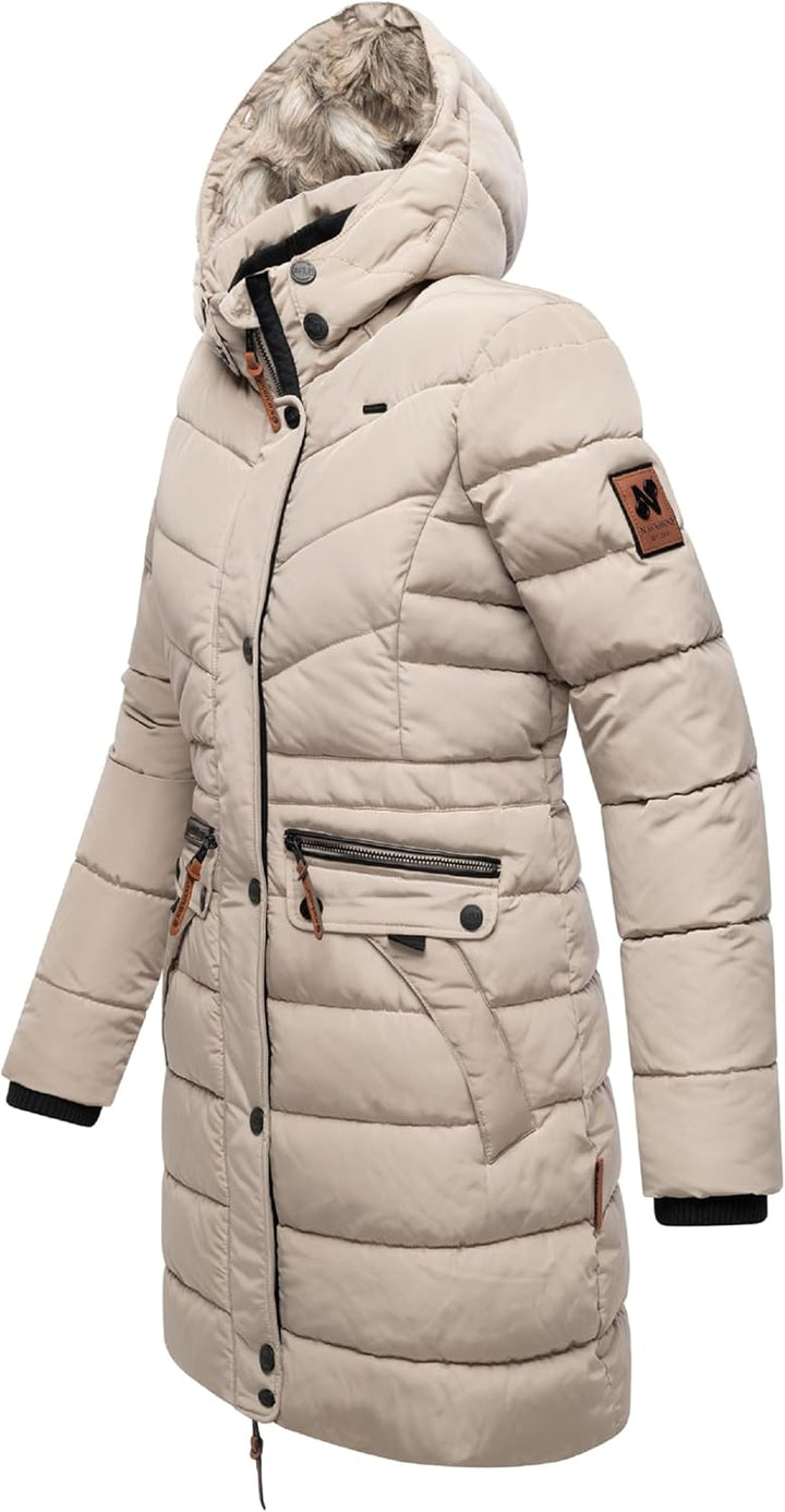 Navahoo Damen Wintermantel warmer Steppmantel lang mit abnehmbarer Kunstfell-Kapuze Paula XS-5XL S L