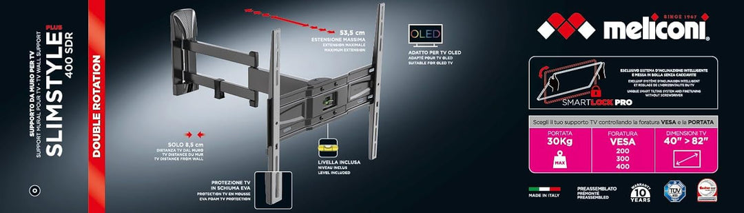 Meliconi Slimstyle Plus 400SDR, Doppelarm-Wandhalterung für Flachbildfernseher von 40'' bis 82'', ho