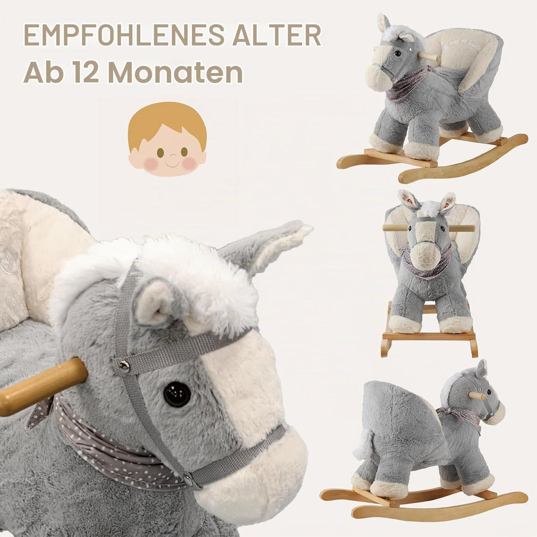 Plüsch Rocking Horse - weicher gefüllter Körper, Sicherheitssitz Stuhl, Holz Rockers, Musikknopf - K