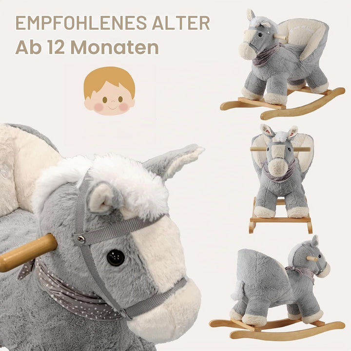 Plüsch Rocking Horse - weicher gefüllter Körper, Sicherheitssitz Stuhl, Holz Rockers, Musikknopf - K