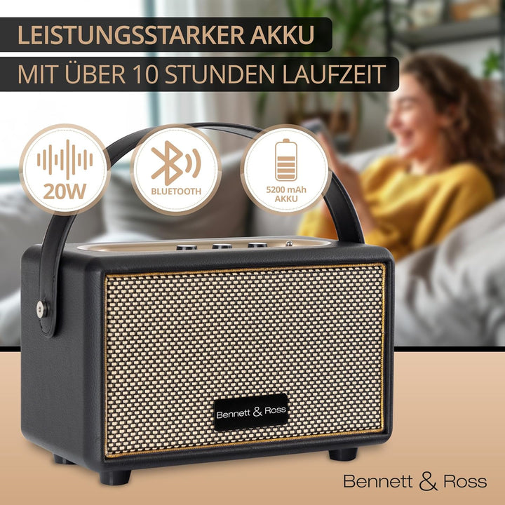 Bennett & Ross BB-820BK Blackmore Junior - Retro Bluetooth Lautsprecher in Lederoptik mit 5200 mAh A
