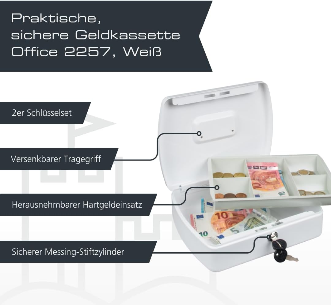 Burg-Wächter Geldkassette abschliessbar mit Schlüssel und Hartgeldeinsatz, Stahlblech, Office 2257,