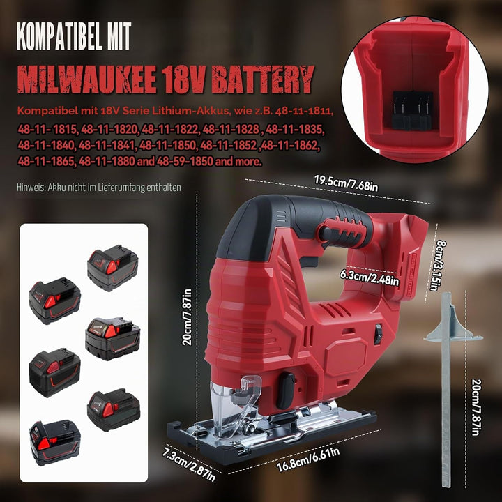 Akku-Stichsäge kompatibel mit Milwaukee 18-V-Akku, bürstenloses Stichsäge-Trennwerkzeug 400 W, 2700