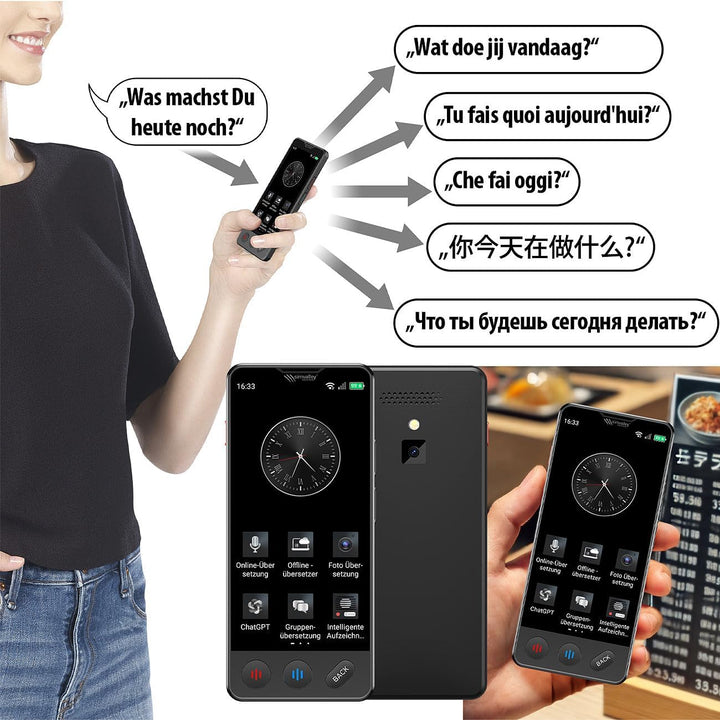 simvalley MOBILE Übersetzer: Mobiler KI-Echtzeit-Sprachübersetzer mit 4G/LTE, 139 Sprachen, ChatGPT