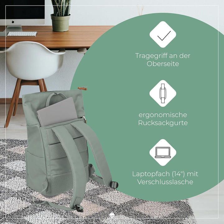 Travelite Handgepäck Rucksack, Laptop Rucksack 14 Zoll, Basics Short Handle Rollup, Reiserucksack Ro