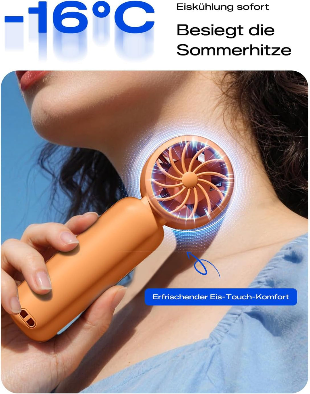 MAGIC JOHN Mini Handventilator mit Kühlung (orange) | 199 Lüfterstufen, bis zu 11h Laufzeit, USB-C A