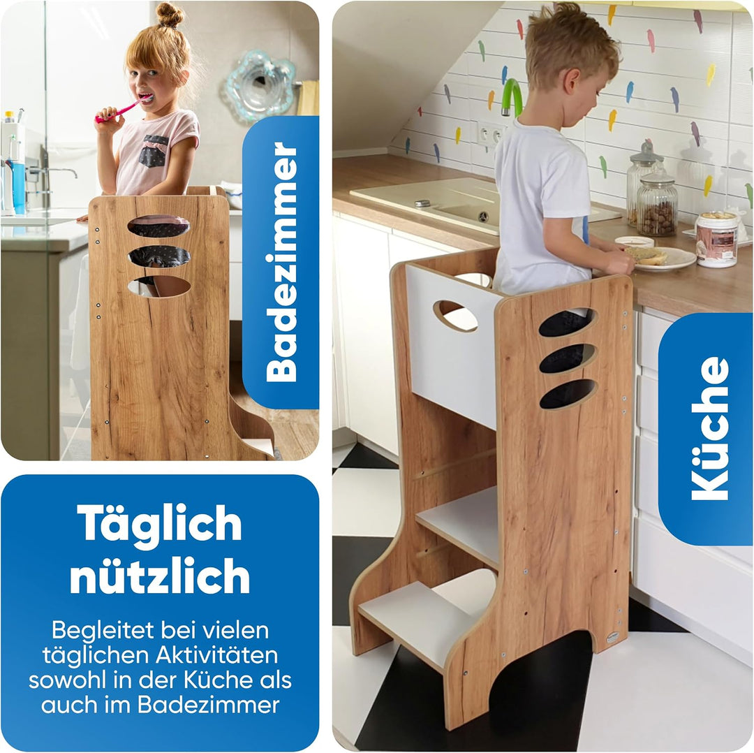 Kitchen Kids Helper Lernturm ab 1 Jahr - Höhenverstellbarer Lernturm Montessori Eiche-Weiss 90cm - S