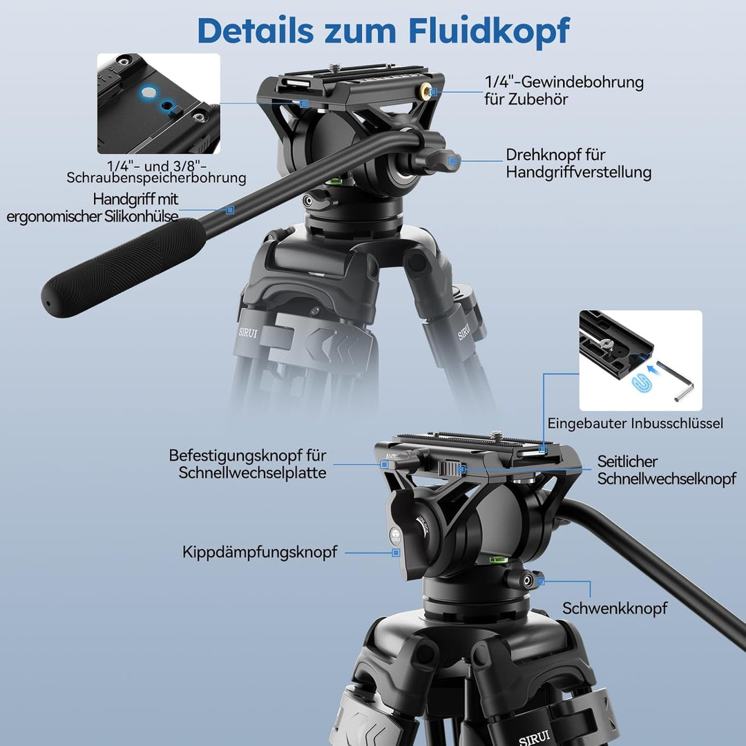SIRUI AVT-02 Professionelles Video-Stativ mit 360° Fluidkopf – Schwerlast-Stativ, 190cm Höhe, inkl.