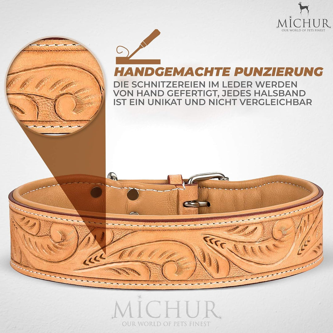 MICHUR Felipe Hundehalsband Leder, Lederhalsband Hund, Halsband, Leder, Caramel, Beige, Braun, MIT S