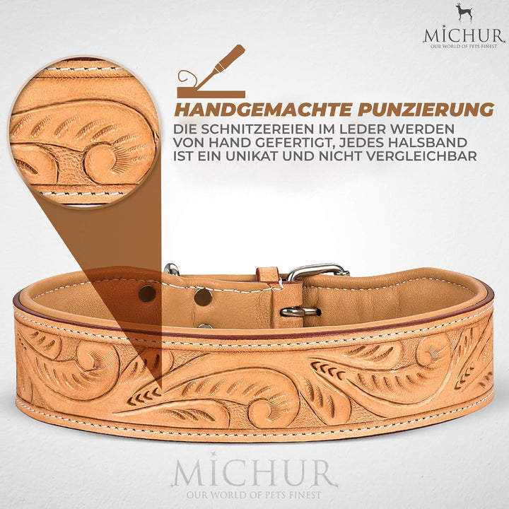 MICHUR Felipe Hundehalsband Leder, Lederhalsband Hund, Halsband, Leder, Caramel, Beige, Braun, MIT S