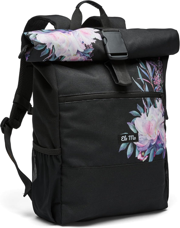 Ela Mo® Rolltop-Rucksack für Damen mit USB-Anschluss – Beauty in Darkness, Beauty in Darkness