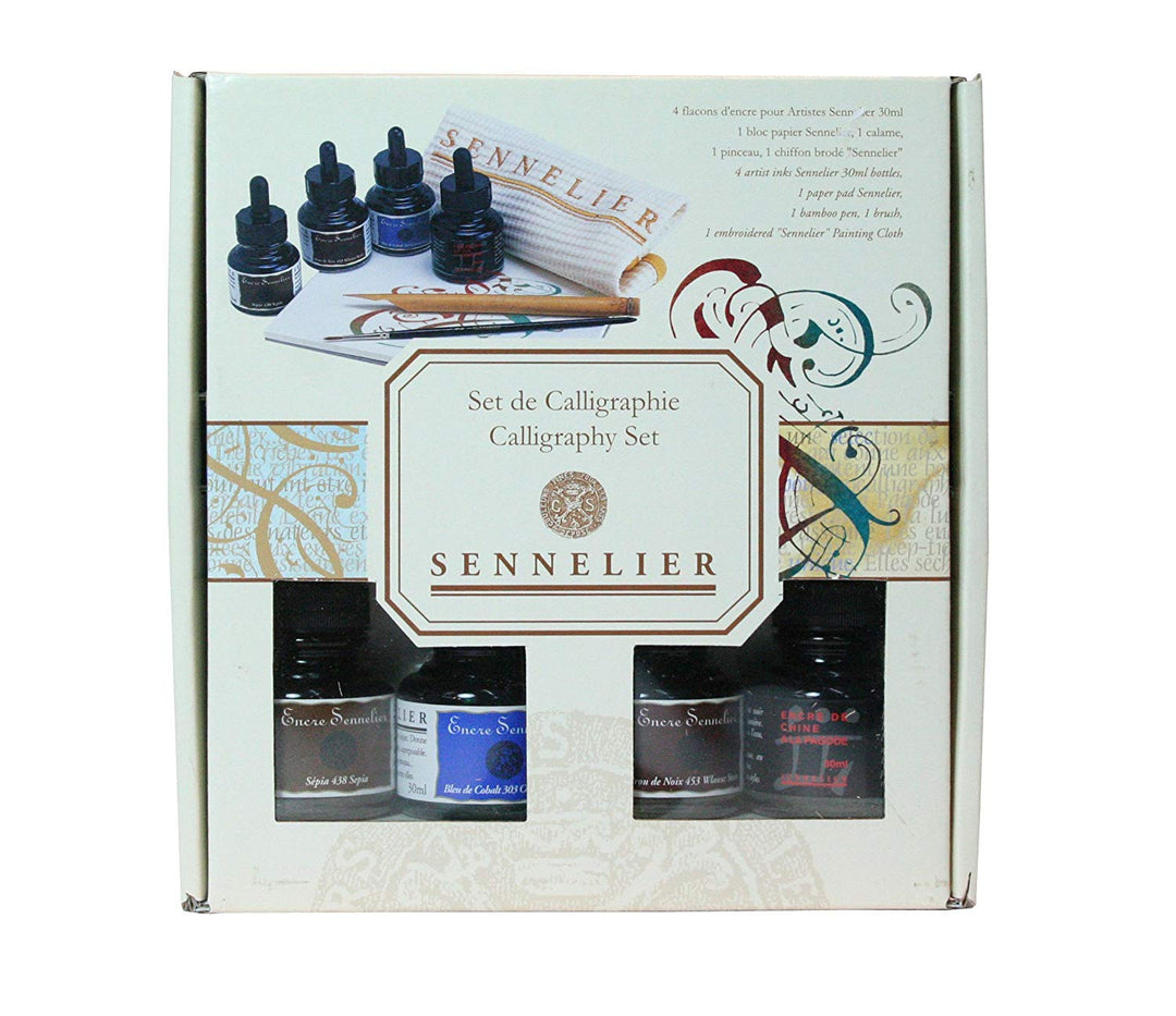 Kalligraphie Set Sennelier mit 4 x Zeichentusche, Feder, Pinsel und Block