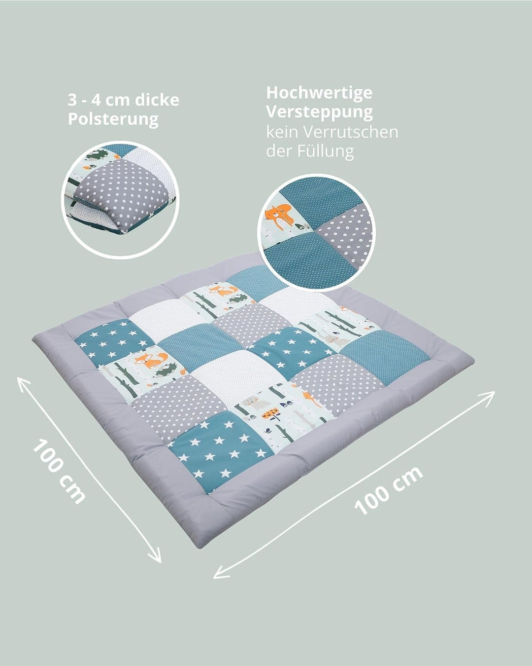 ULLENBOOM Krabbeldecke für Baby 100x100 cm - Dick und weich gepolstert Waldtiere Petrol 100 x 100 cm