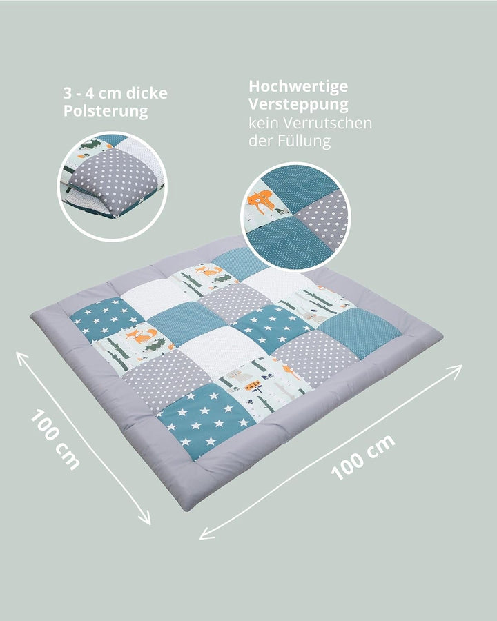 ULLENBOOM Krabbeldecke für Baby 100x100 cm - Dick und weich gepolstert Waldtiere Petrol 100 x 100 cm