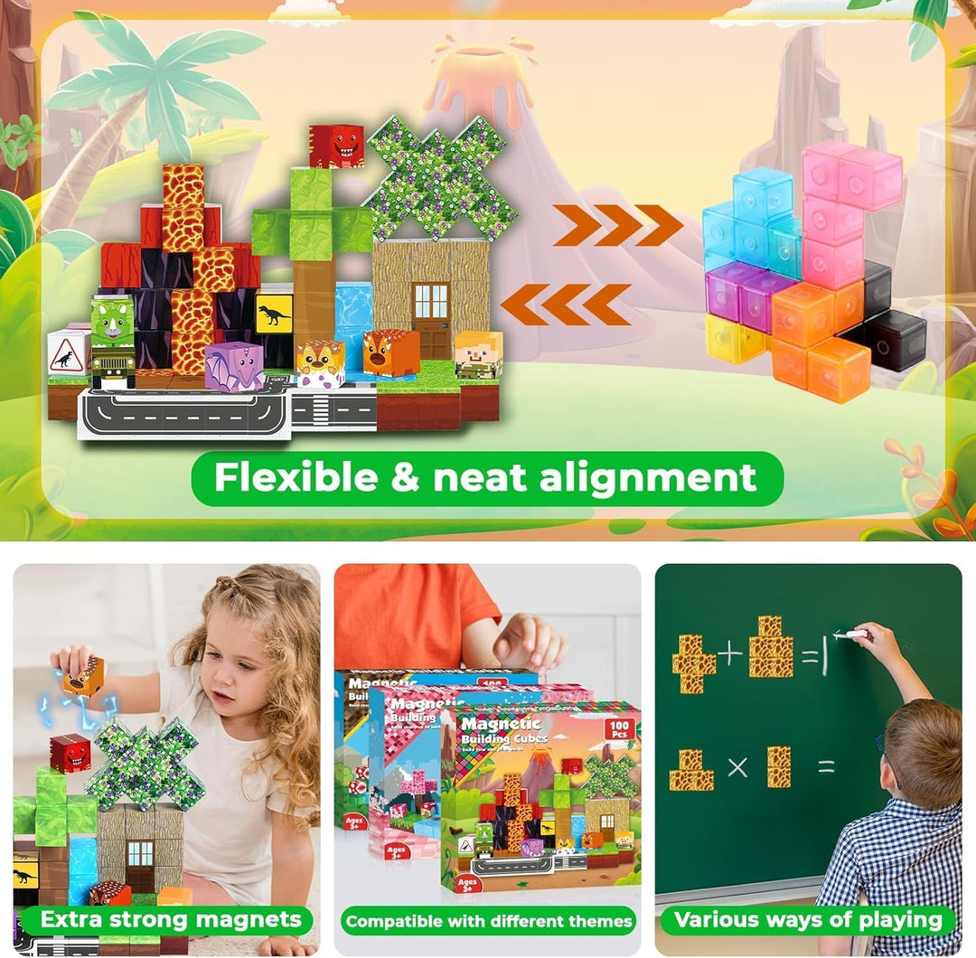 Magnetische Bausteine, 100 Teile Magnetbausteine Kinder – Kreatives 3D-Spielzeug mit Dinosauriern, V