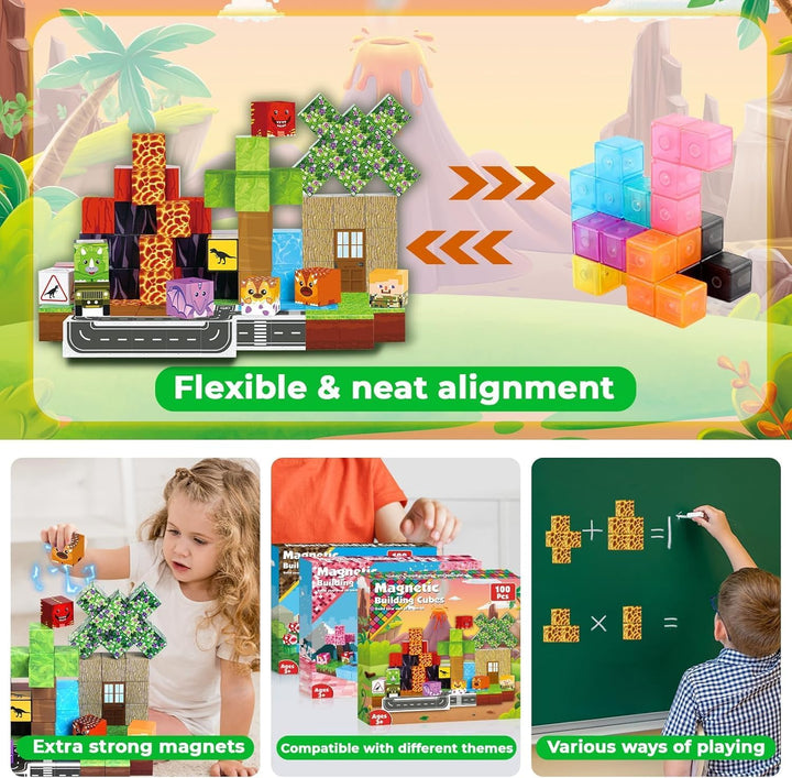 Magnetische Bausteine, 100 Teile Magnetbausteine Kinder – Kreatives 3D-Spielzeug mit Dinosauriern, V
