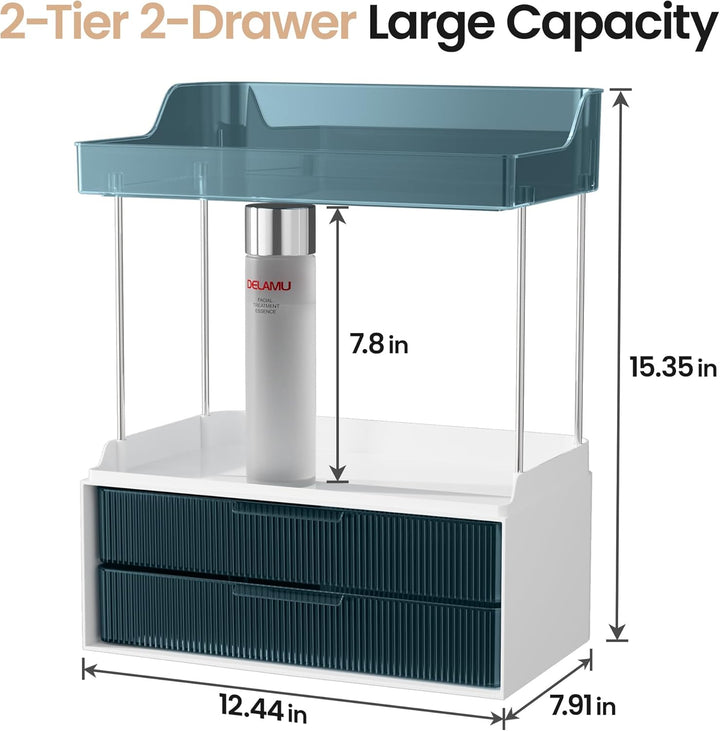 Delamu Make Up Organizer mit 2 Schubladen, 2 Etagen Kosmetik Organizer, Multifunktions Grösser Kosme