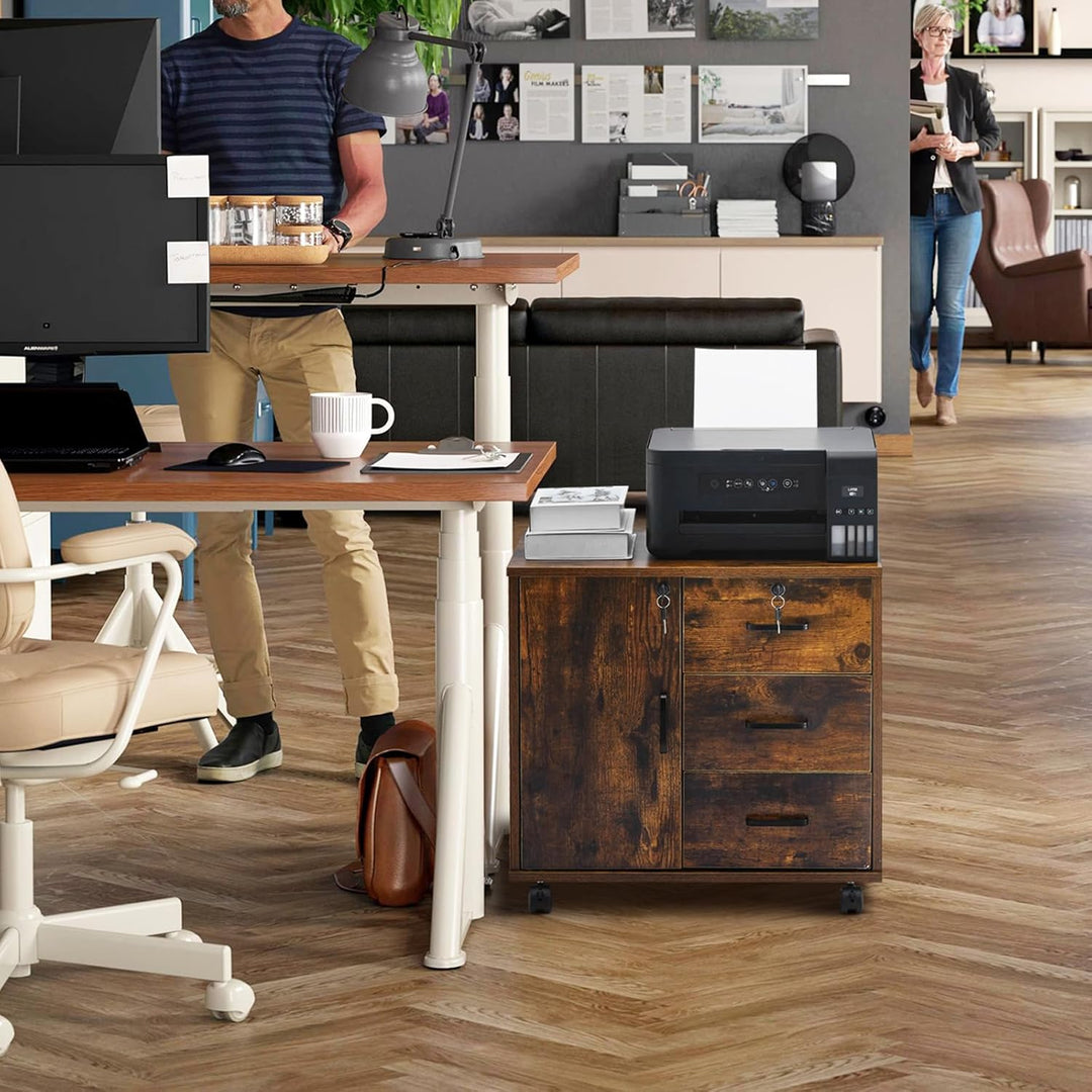 TUKAILAI Rollcontainer Aktenschrank aus Holz, Abschliessbar Büroschrank mit 3 Schubladen und Tür, Mo