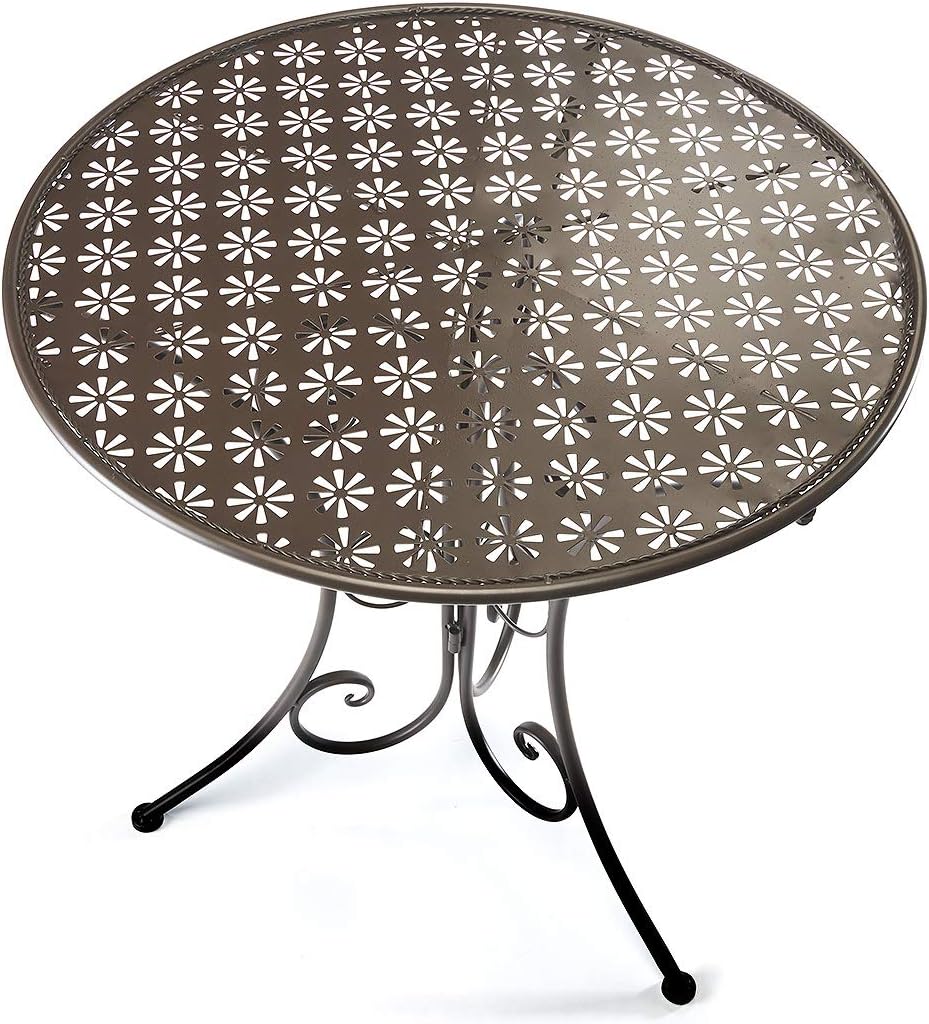 Kobolo Dekorativer Gartentisch Metalltisch Tisch aus braunem Metall mit Stanzungen in Blumenoptik 60