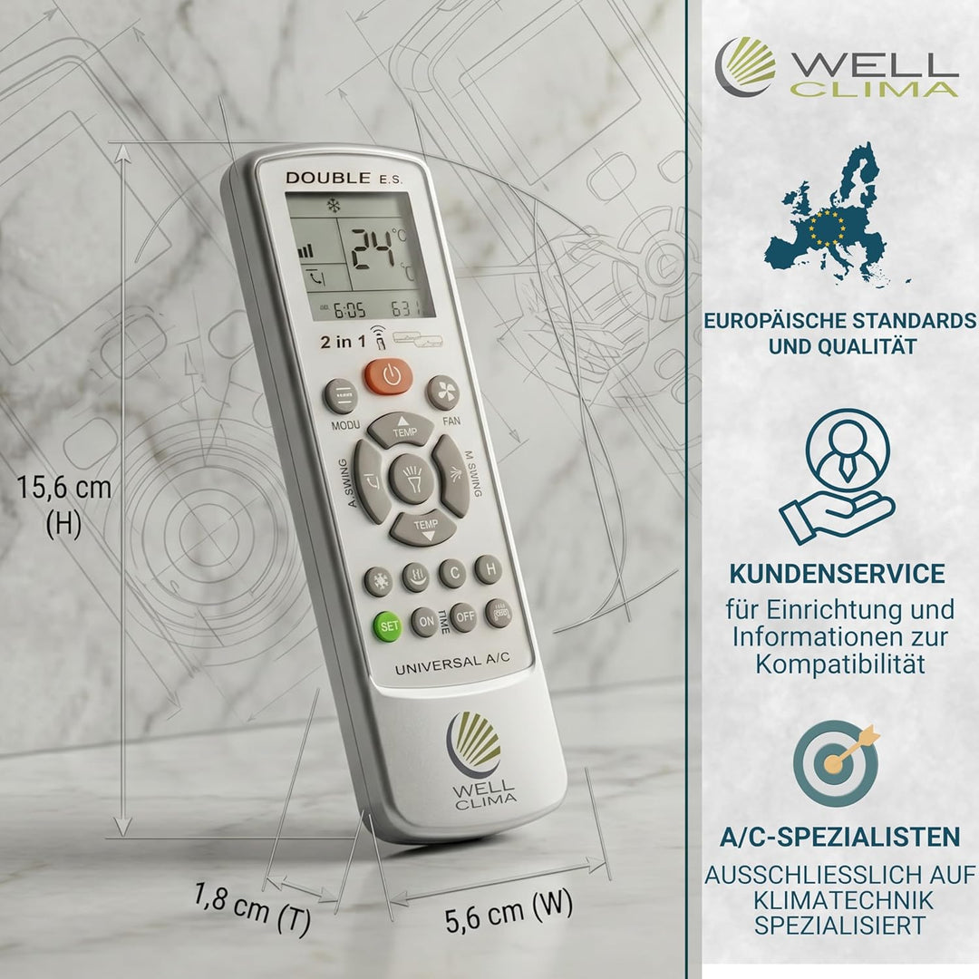 Wellclima Double E.S. Universal-Klimaanlagen-Fernbedienung, über 500 Marken kompatibel, integrierte