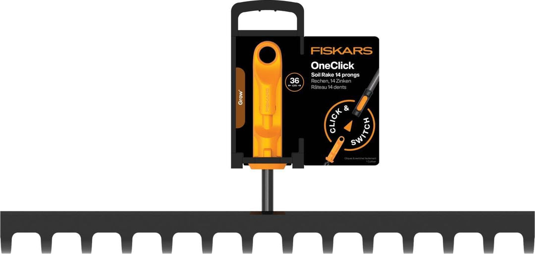 Fiskars OneClick Rechen 14 Zinken, Bodenrechen-Aufsatz für Saatbeete, Müheloses Wechseln mit nur ein