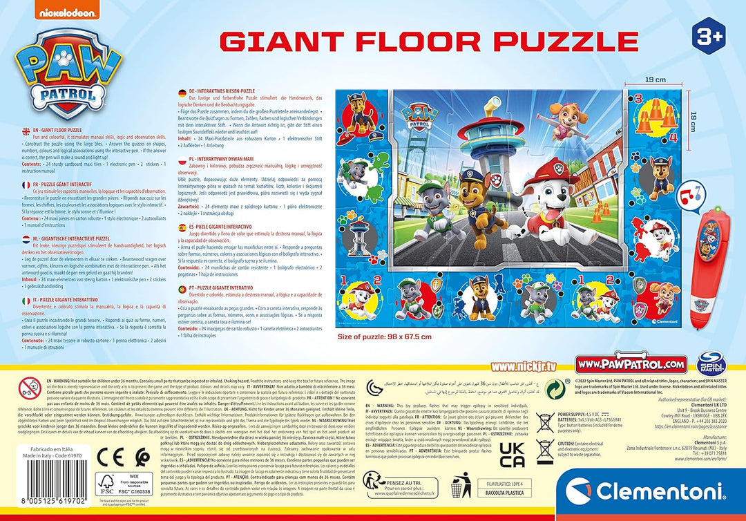 Clementoni Quiz-Bodenpuzzle Paw Patrol 70x100 cm - Kinderpuzzle mit 24 Maxi-Puzzleteilen - Lernspiel