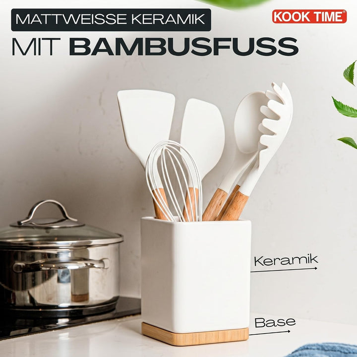 KOOK TIME Küchenutensilienhalter - Utensilienhalter küche aus keramik und Bambus - Quadratischer küc