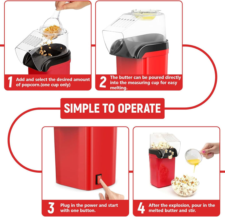 Heissluft Popcornmaschine, 1200W Heissluft Popcorn Maker mit Messlöffel, Transparenten Deckel, Nachf