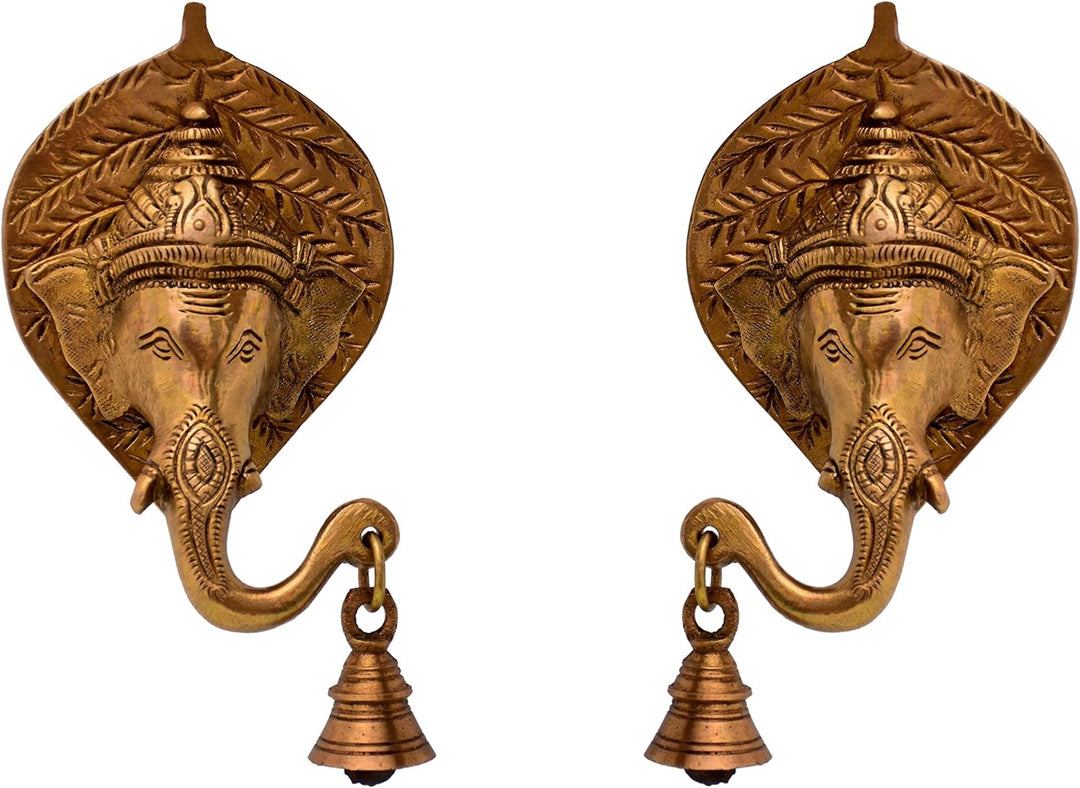 Purpledip Brass Wall Hanging Antique Finish Ganesha Bell (Set Of 2): Symmetrical Heads For Peace, Ha