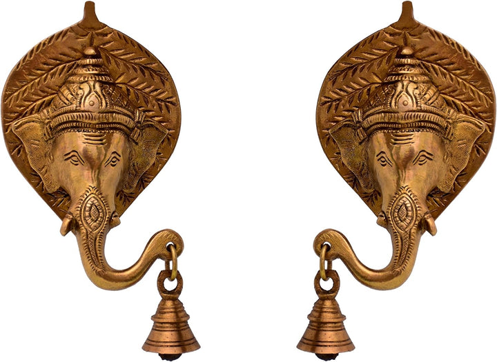 Purpledip Brass Wall Hanging Antique Finish Ganesha Bell (Set Of 2): Symmetrical Heads For Peace, Ha