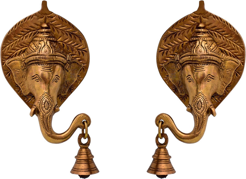 Purpledip Brass Wall Hanging Antique Finish Ganesha Bell (Set Of 2): Symmetrical Heads For Peace, Ha