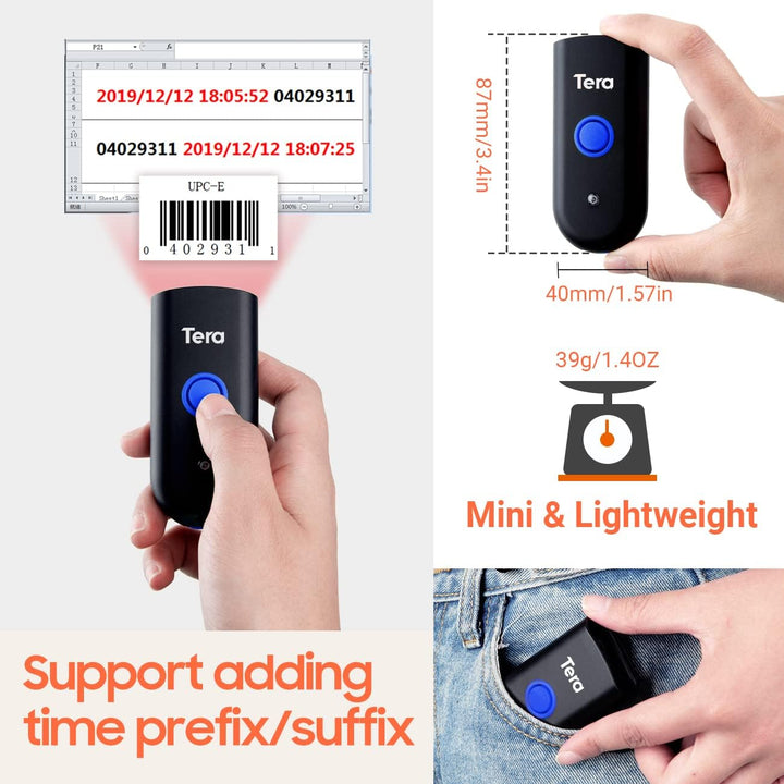 Tera Wireless Barcode Scanner 1D Laser Mini Pocket Waterproof Scanner 3in1 Compatible with Bluetooth