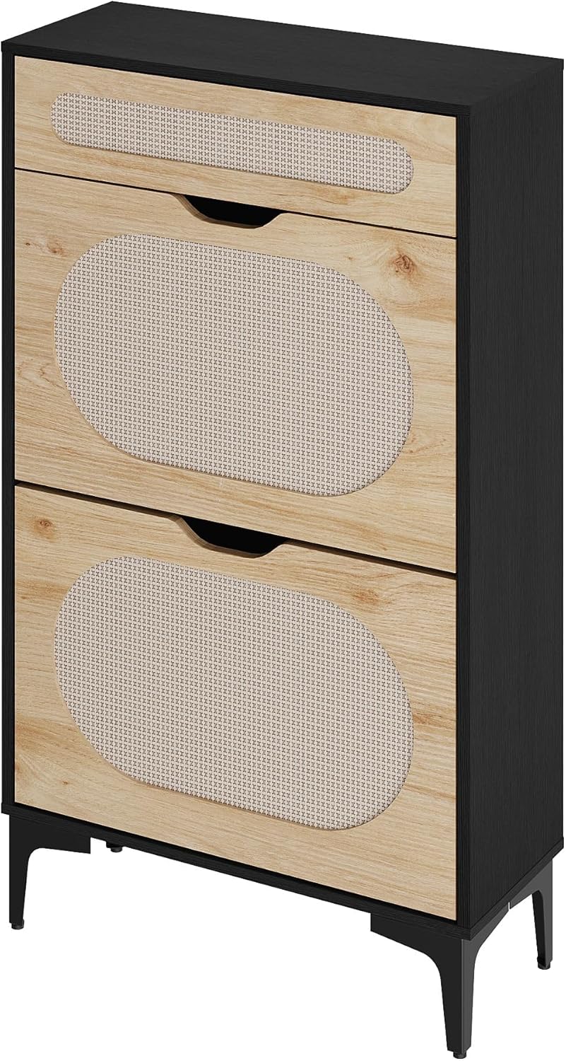 Garvee Schmaler Rattan Schuhschrank aus Holz – 2 Klappfächer + 1 Schublade, Höhenverstellbare Regalb