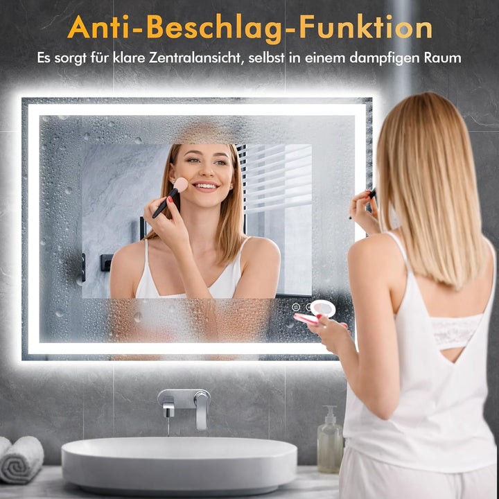 Badezimmerspiegel mit Beleuchtung, 80x60cm LED Spiegel mit Licht, 3 Farben Dimmbar, Antibeschlag, Me