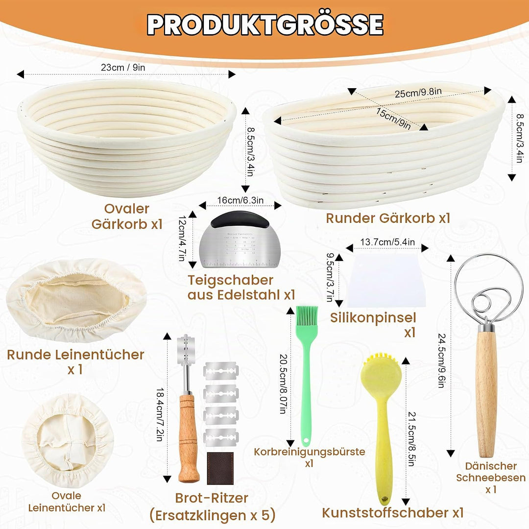 Brot Gärkorb Set, Gärkörbchen zum Brotbacken, 23cm Rund &amp; 25cm Oval Brotkörbchen aus Natürlichem Rat