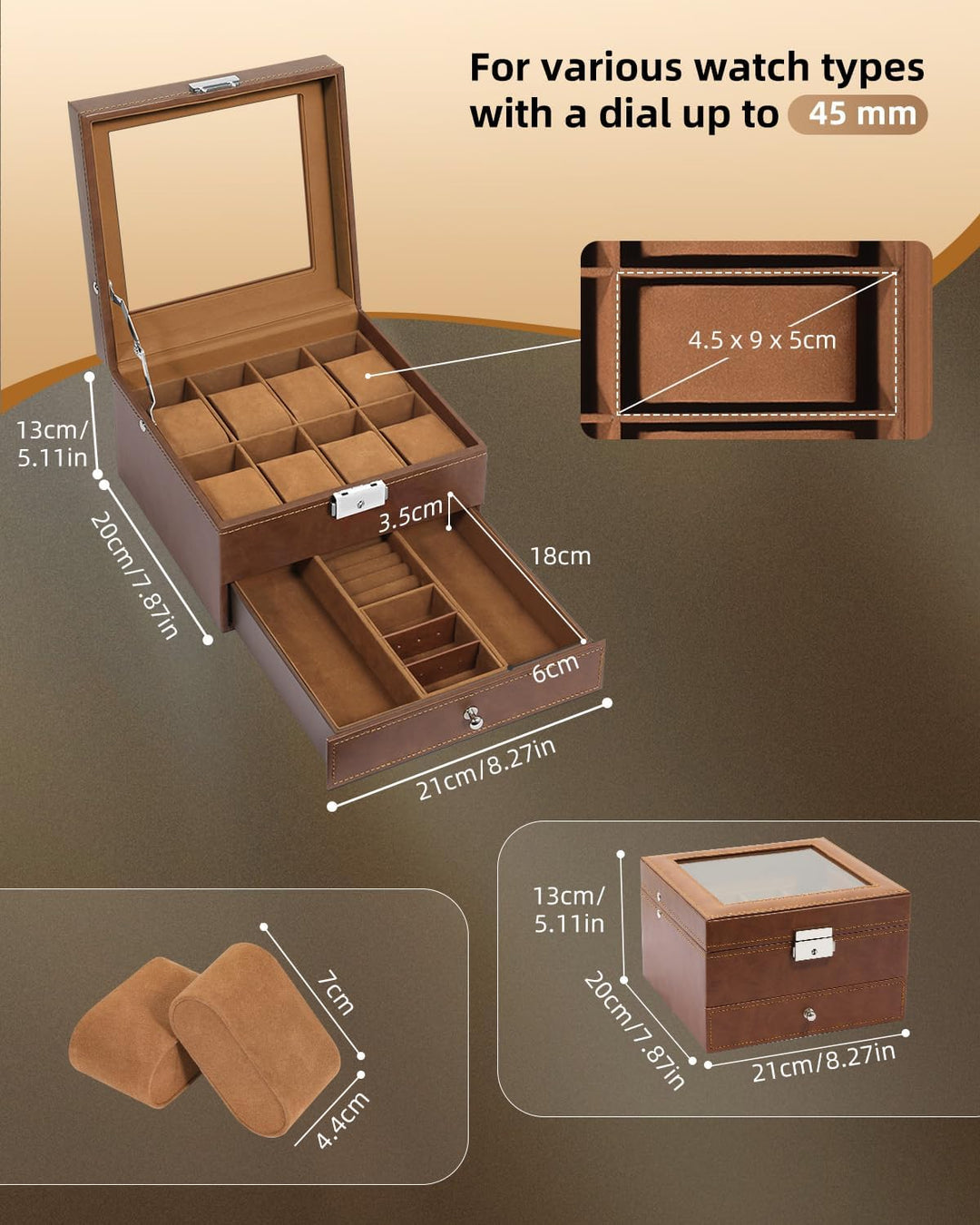 Uten Uhrenbox, 8 Fächern und 1 Schublade mit Schlüsselschloss, Glasdeckel, Braunes PU, Braunes Samtf