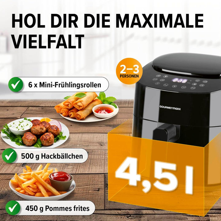 GOURMETmaxx Heissluftfritteuse | 4,5L Airfryer | Timer & Touchscreen | Fritteuse mit 9 Funktionen &